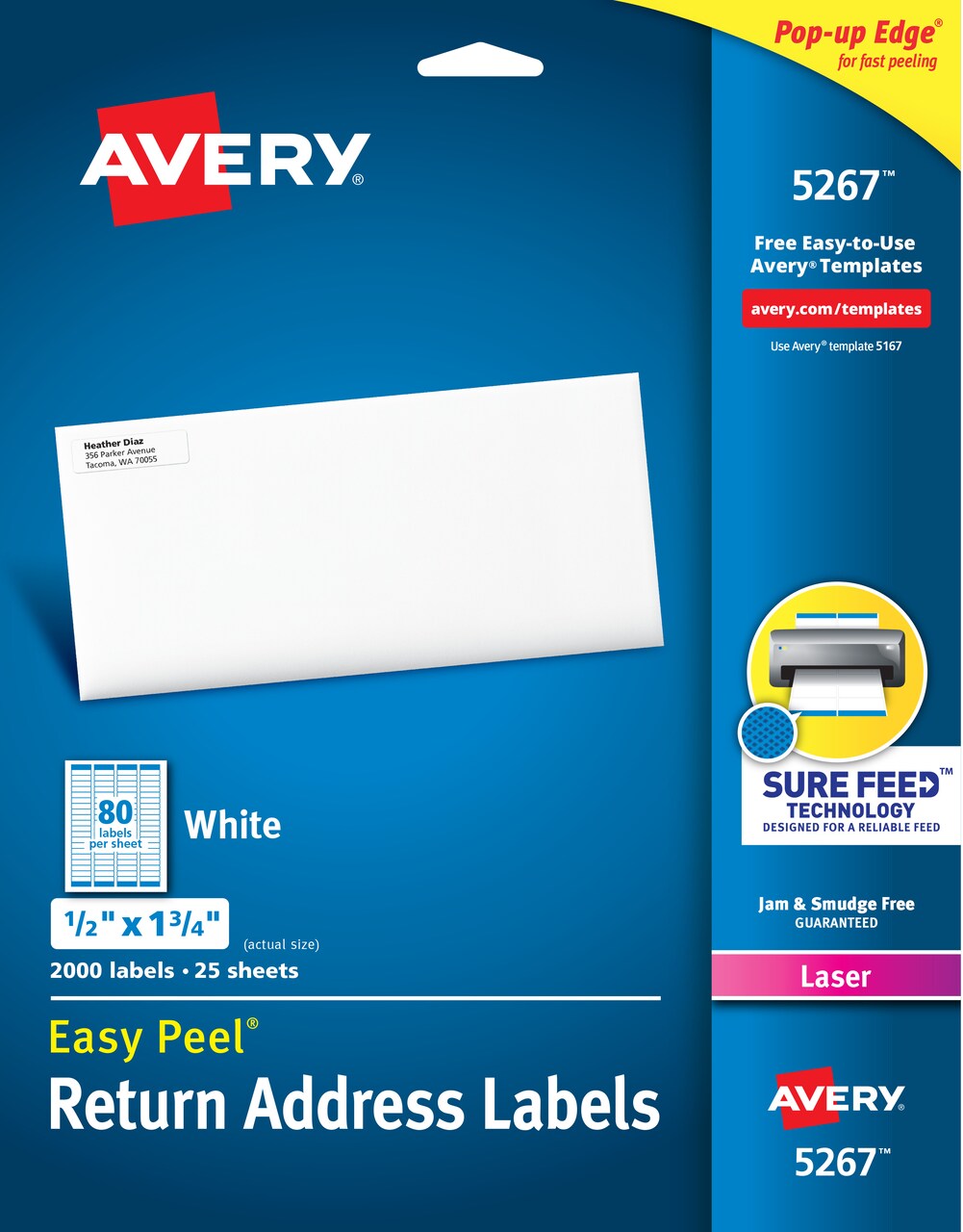 Avery Easy Peel Return Address Labels, Sure Feed Technology, Permanent Adhesive, 1/2" x 1-3/4", 2,000 Labels (5267)